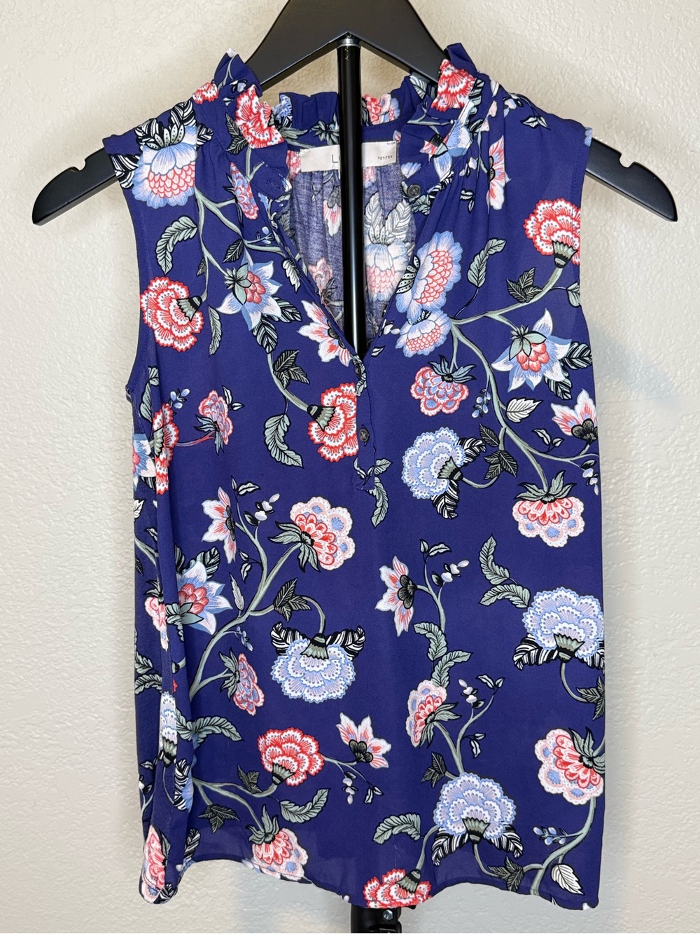 LOFT Navy Floral Ruffled Sleeveless Blouse